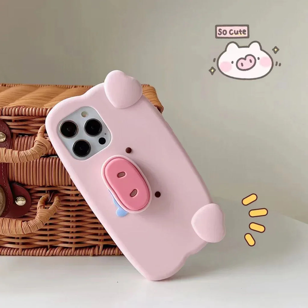 Telescopic Bracket Pig Three-dimensional Silicone iPhone Case - Viexta
