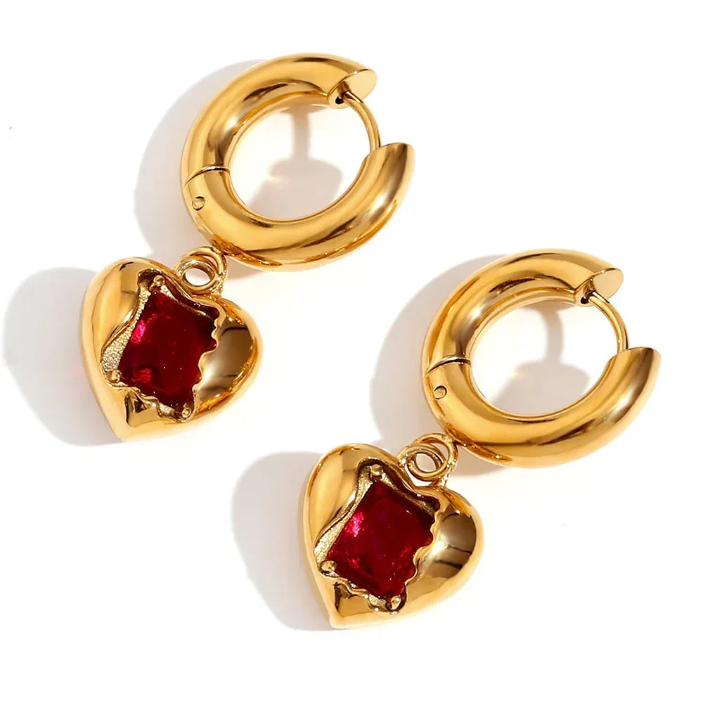 Stainless Steel Peach Heart Zircon Earrings - Viexta