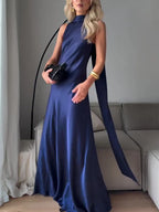 Royal Blue Satin Sleeveless Maxi Dress - Viexta