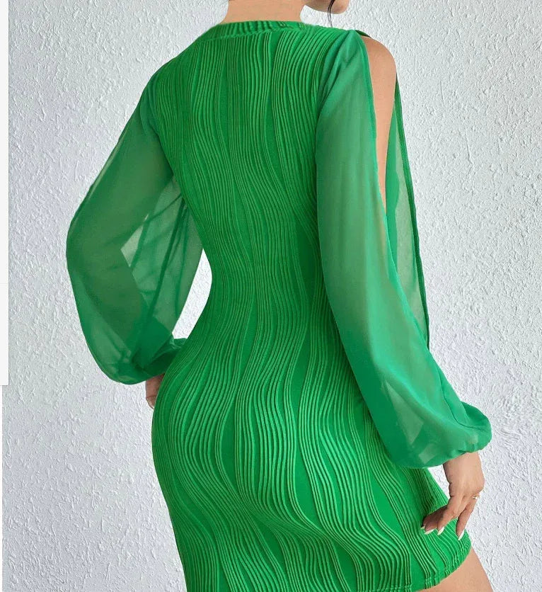 Slimming V-neck Dress Women Fashion Long Sleeve Solid Color Short Dress - Viexta