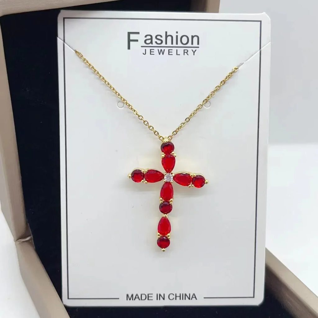 micro-inlay-colorful-zircon-water-drops-cross-necklace - Viexta