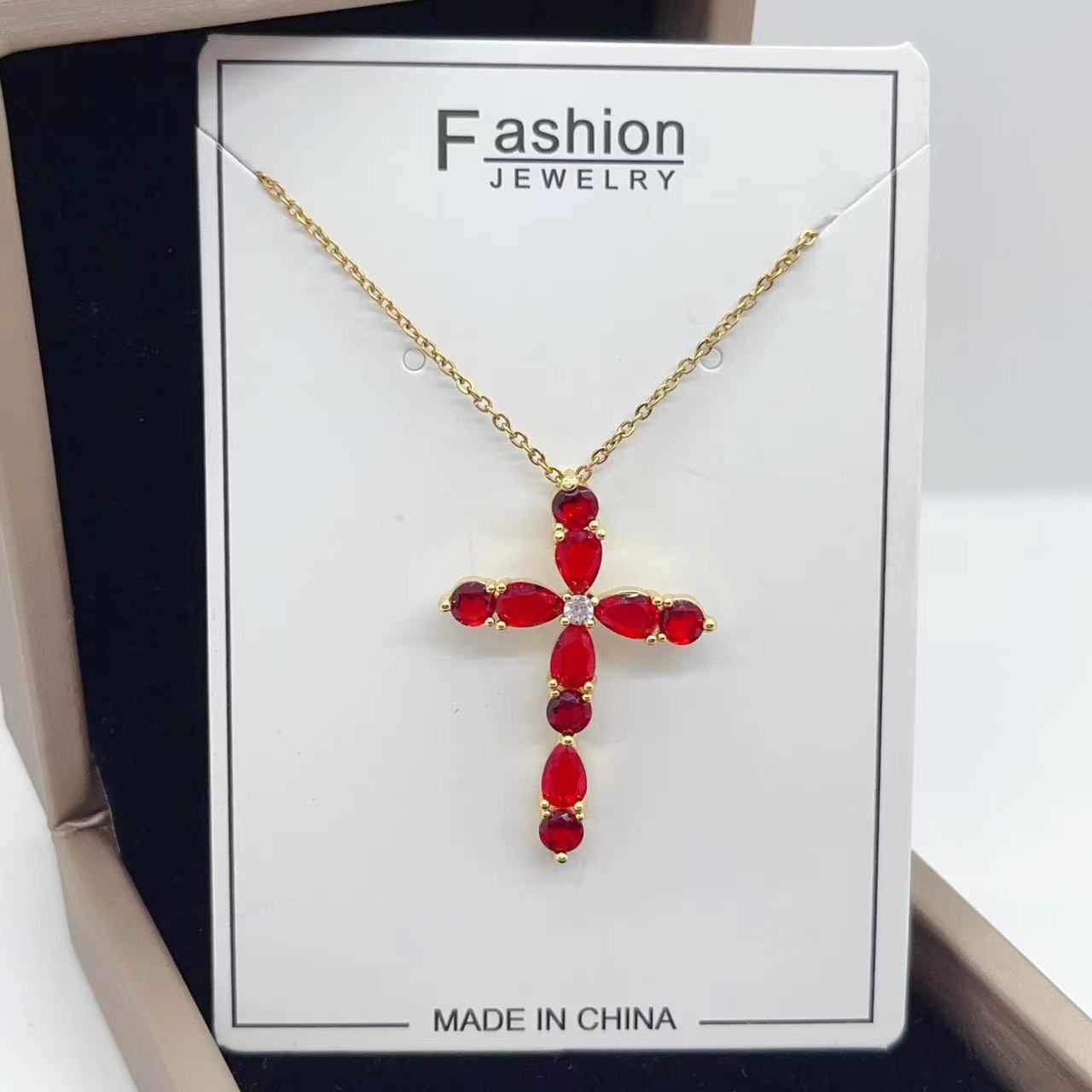 Micro Inlay Colorful Zircon Water Drops Cross Necklace