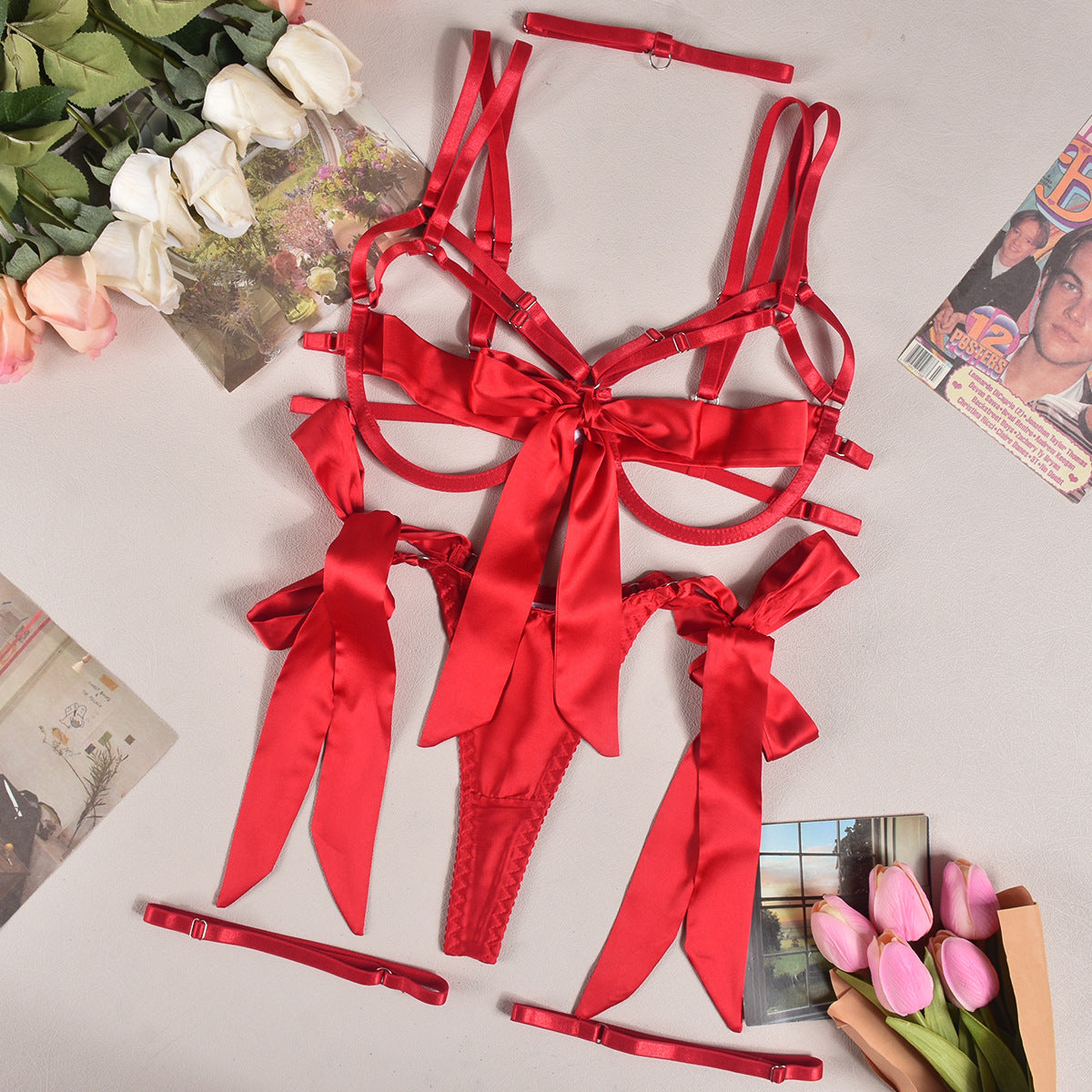 Hollow-out Dew Lace-up Push-up Lingerie Four-piece Set