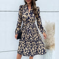Women's Pleated Print Long Sleeve Dress - Viexta