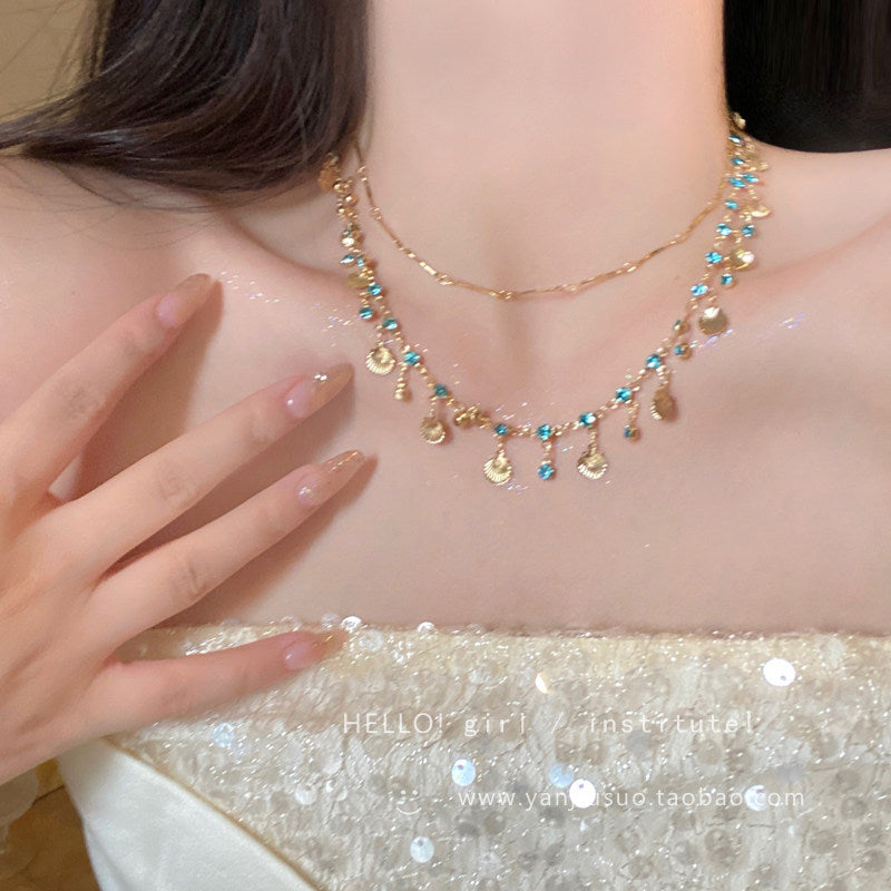 Bohemian Double Layer Necklace With Blue Rhinestone