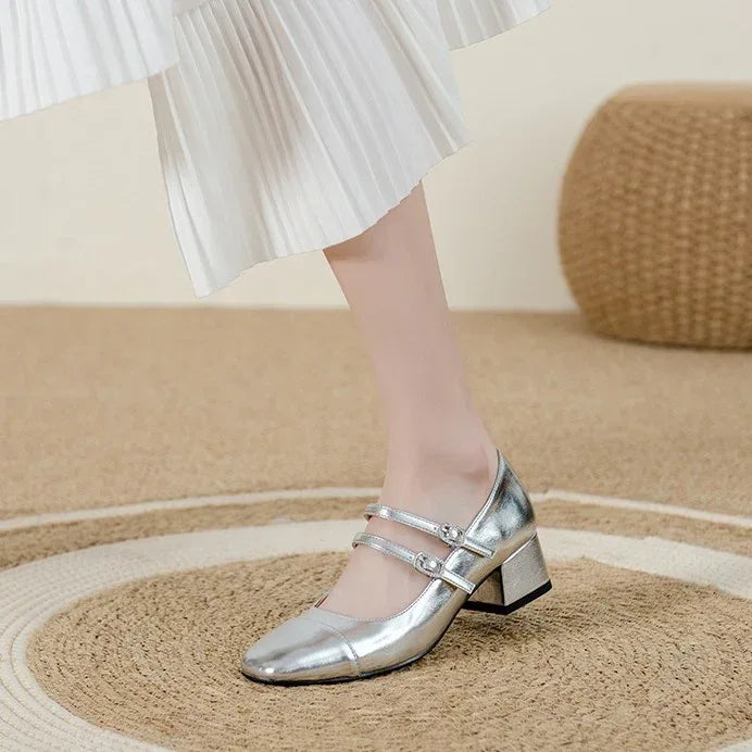 Square Toe Chunky Buckle Mid-heel - Viexta
