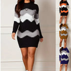 Mid-length Short Skirt Round Neck Long Sleeve Printed Knitted Sheath Dress - Viexta