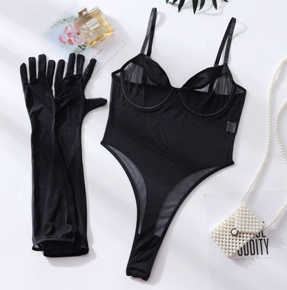 Jumpsuit Lace Transparent Mesh Assembly Gloves Sexy Lingerie