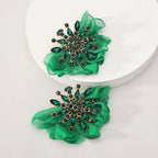 Rhinestone Chiffon Flower Stud Earrings For Women