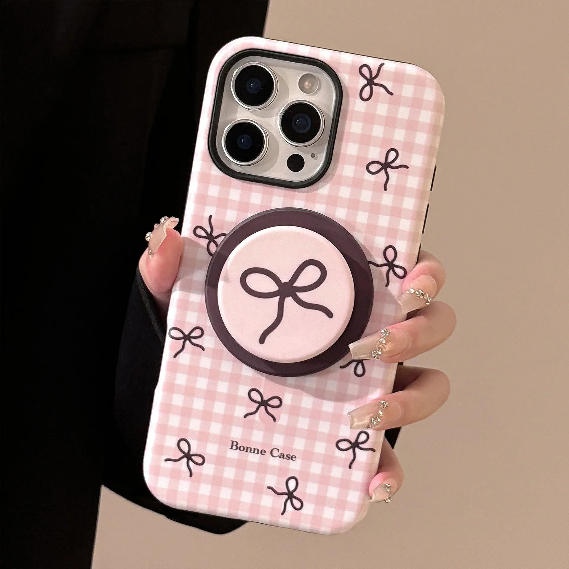 Plaid Bowknot Magnetic Stand iPhone Case