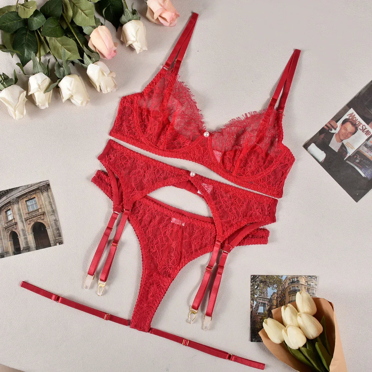 see-through-pearl-decorative-lingerie-4-piece-set - Viexta