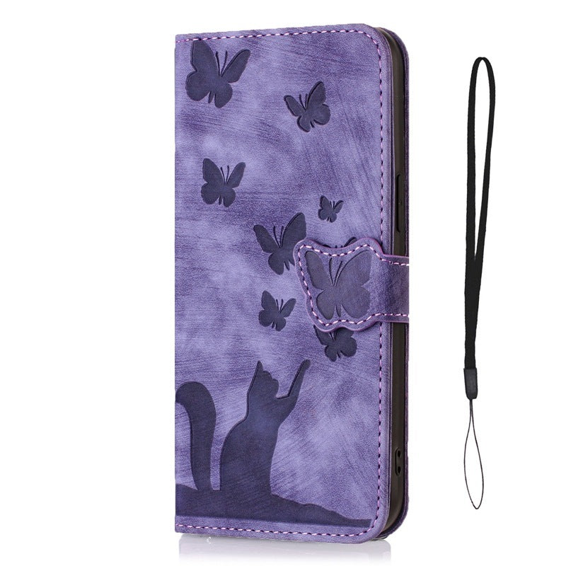 Butterfly Cat Embossed iPhone Leather Case
