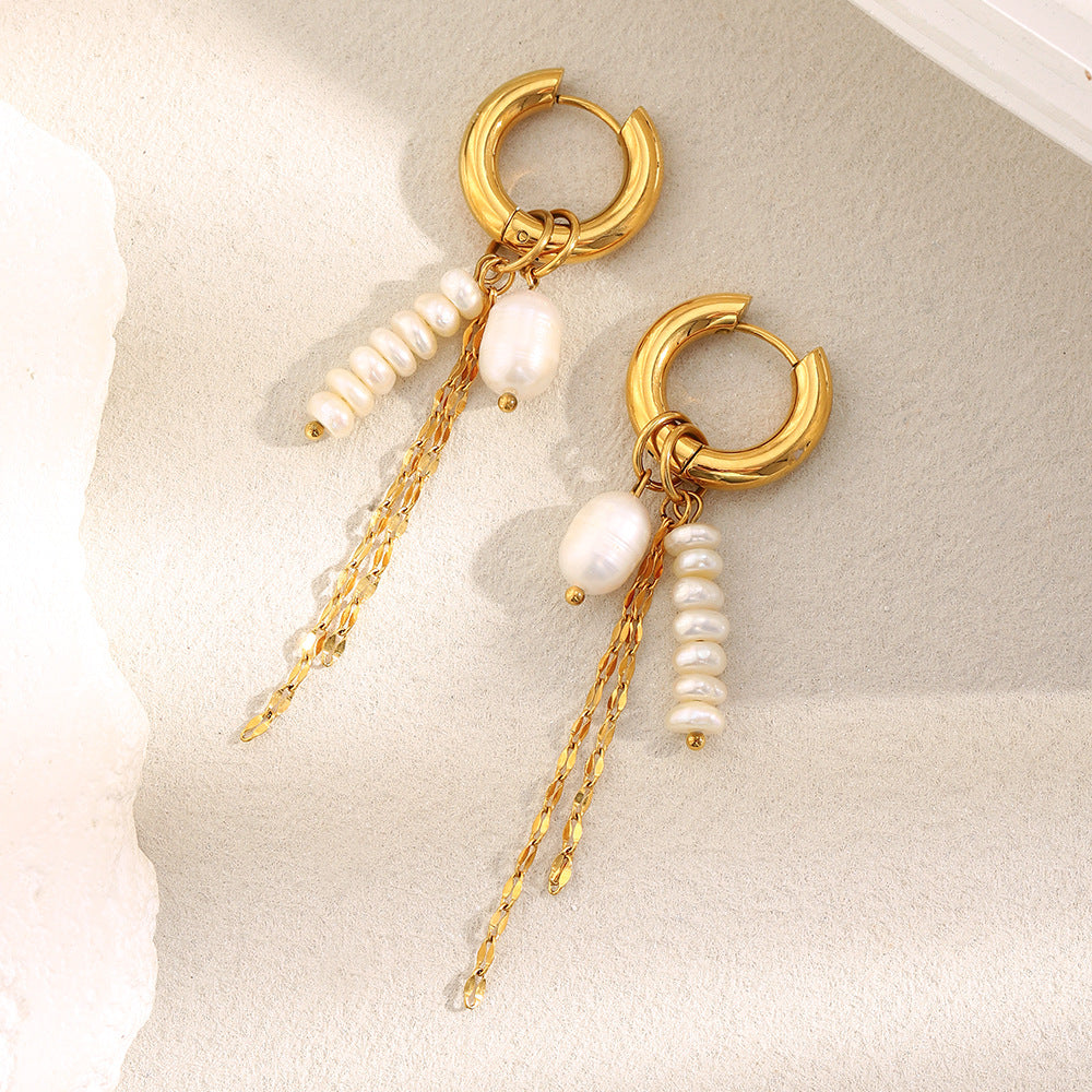 Stainless Steel Plated 18K Dold Pearl Chain Tassel Earrings