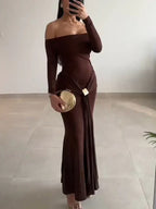 Off-the-shoulder Long-sleeved Maxi Dress - Viexta