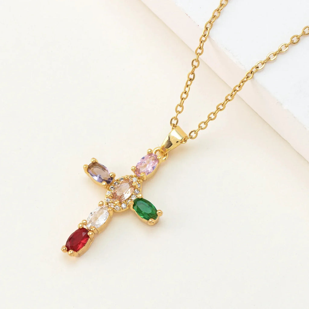 cross-pendant-colorful-zircon-delicate-chain - Viexta