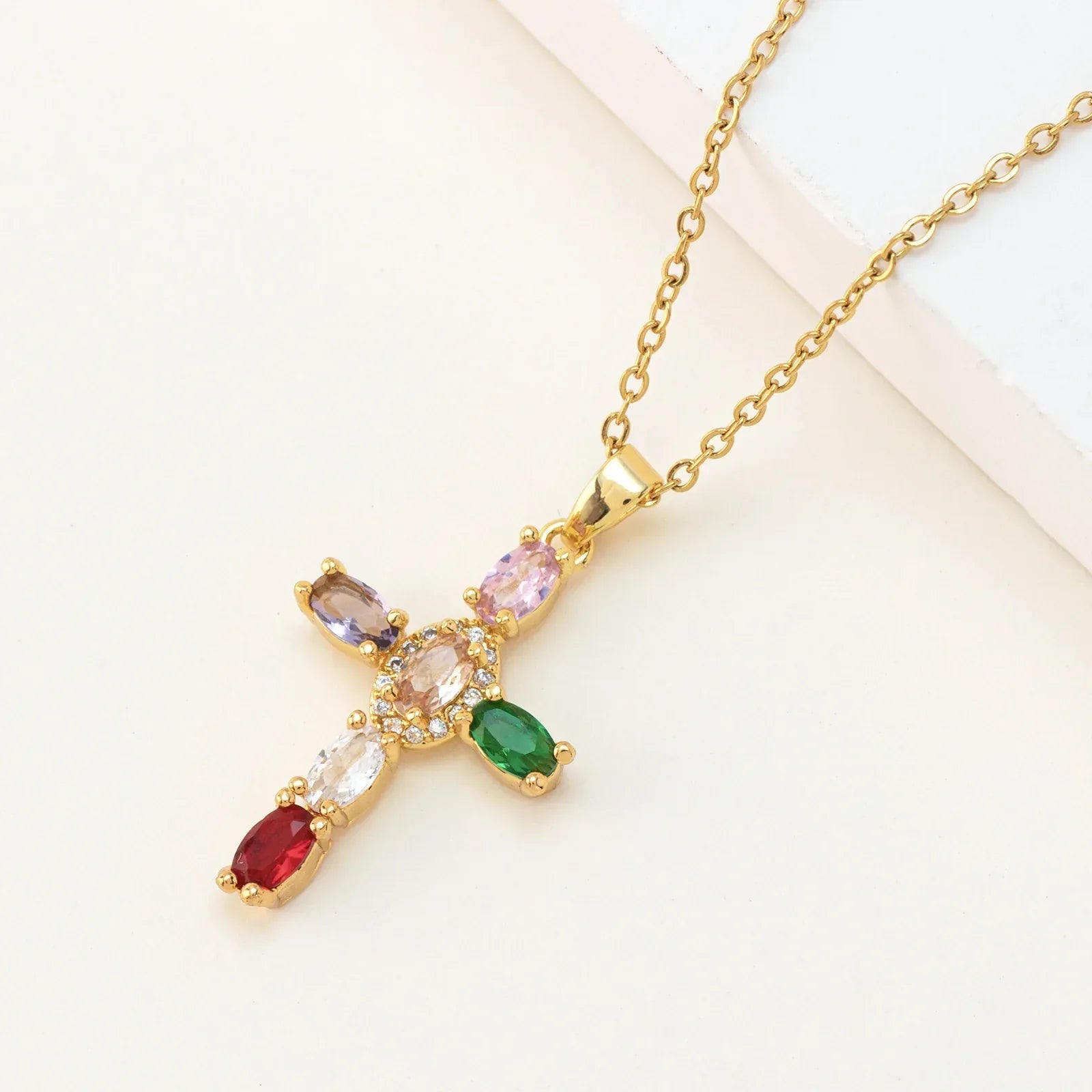 cross-pendant-colorful-zircon-delicate-chain - Viexta