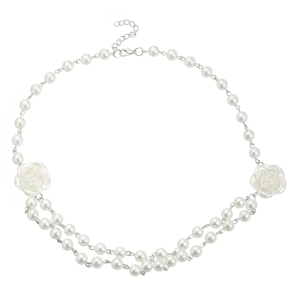 fairy-style-french-pearl-camellia-double-layer-necklace - Viexta