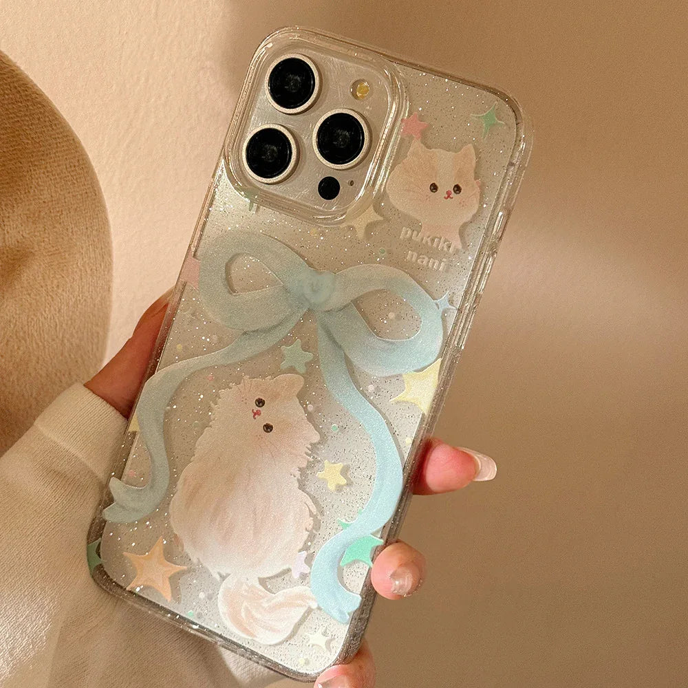 Glitter iPhone Case With Bow And Cat Charm Lanyard