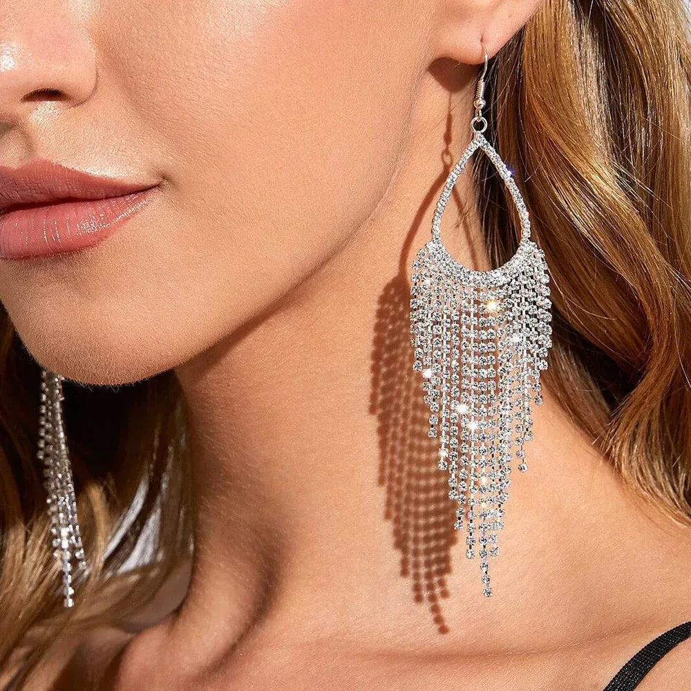 Bohemian Tassel Shiny Long Rhinestone-encrusted Earrings - Viexta