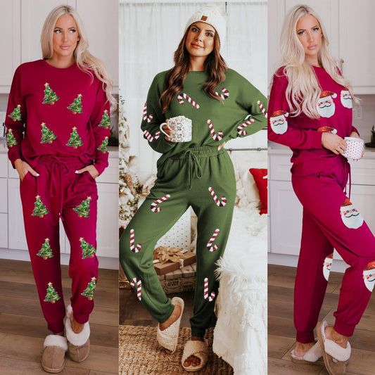 Women's Christmas Sequins Long Sleeve Pants Two-piece Set