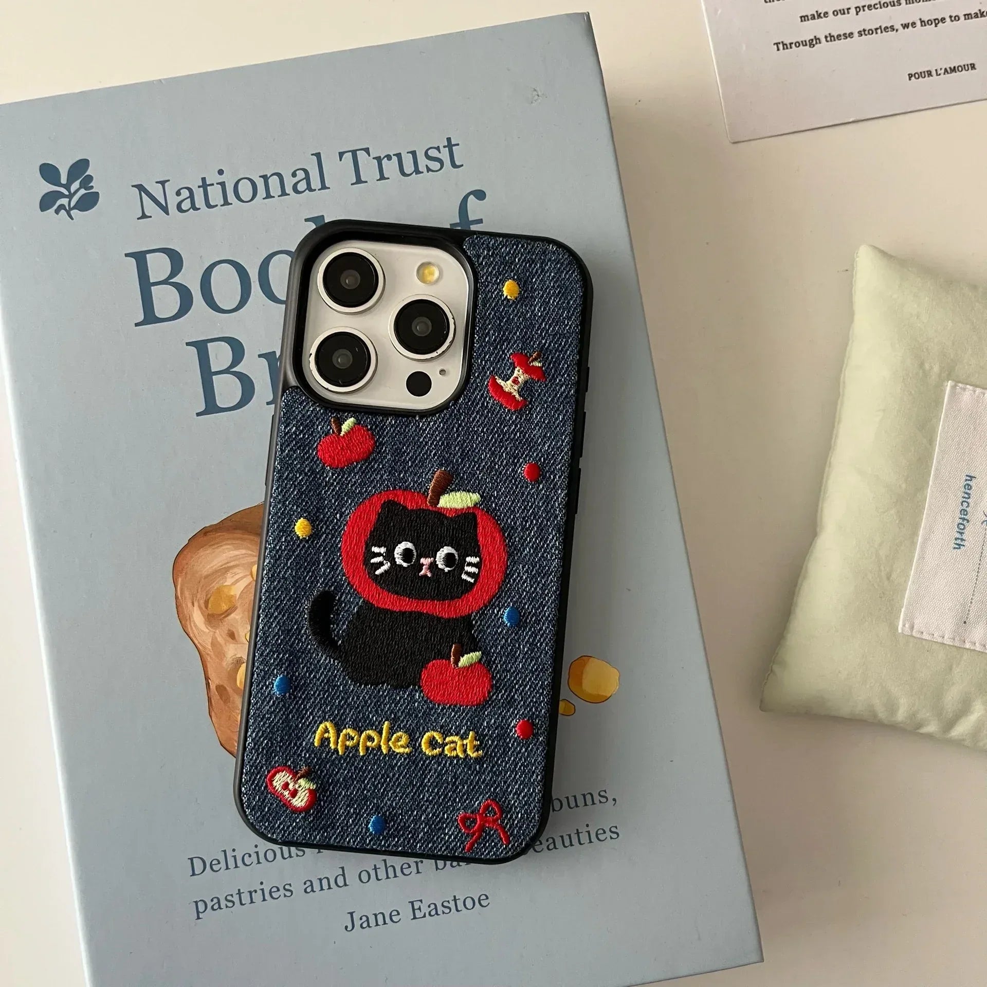 Denim Embroidered Cat Cartoon iPhone Case - Viexta