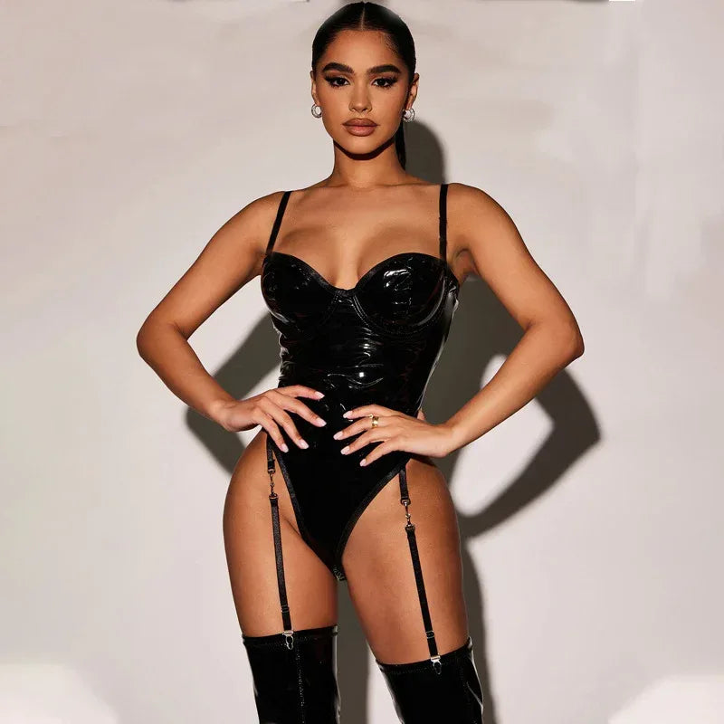 Patent Leather Sling Garter Sexy Lingerie Set - Viexta