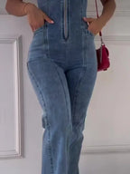 Sleeveless Paneled Zipper Denim Jumpsuit - Viexta