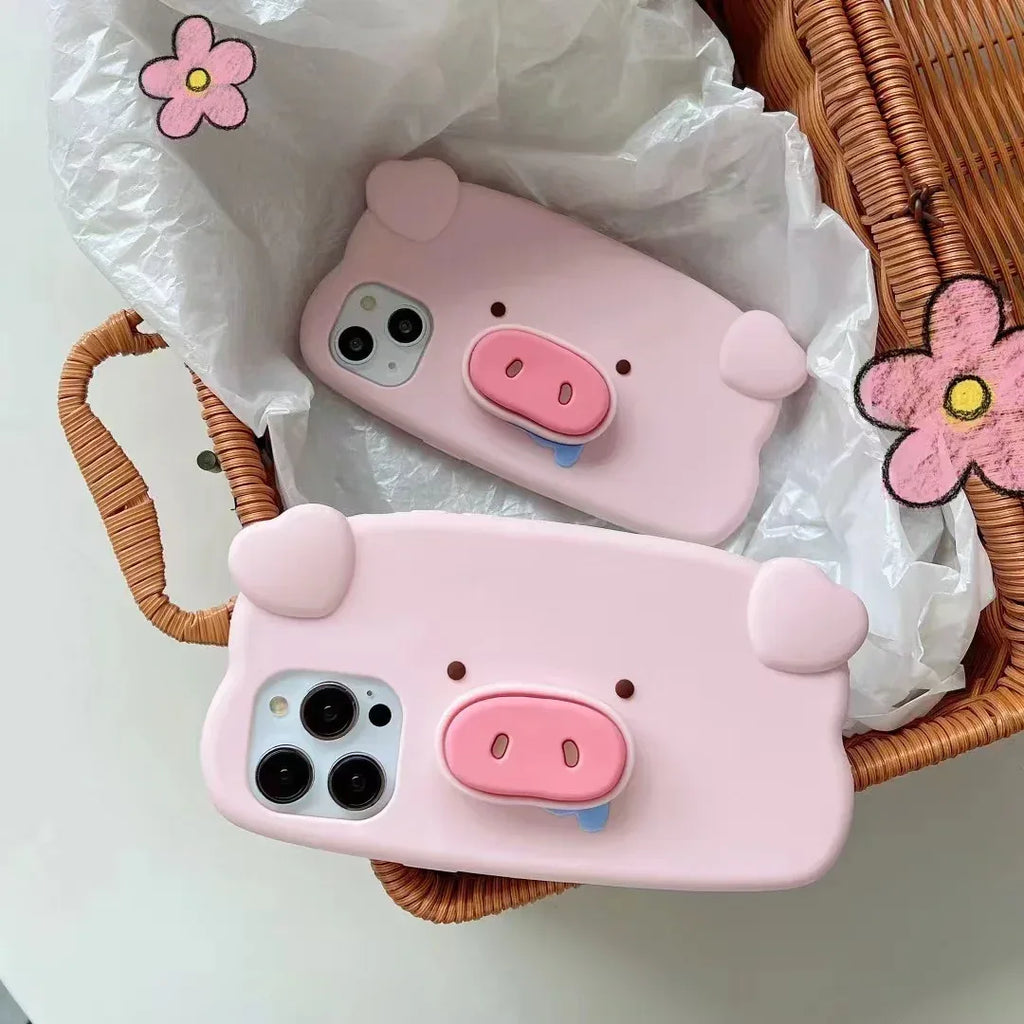 Telescopic Bracket Pig Three-dimensional Silicone iPhone Case - Viexta