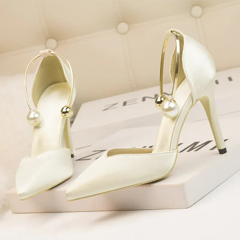Low-cut Satin Hollow Strap Heels - Viexta