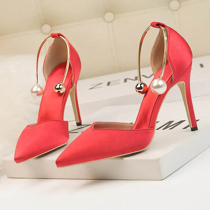 Low-cut Satin Hollow Strap Heels - Viexta