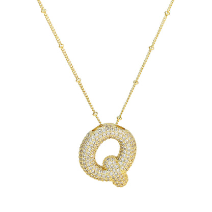 Brass Zircon Bubble Letter Pendant Necklace