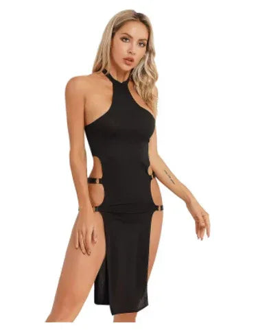 sexy-lingerie-ice-silk-high-waist-slit-tights-solid-color-pullover-sleeveless-hollow - Viexta