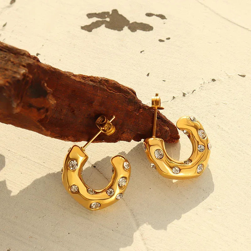 Titanium Steel Pearl Zircon Inlaid C Shape Hoops - Viexta