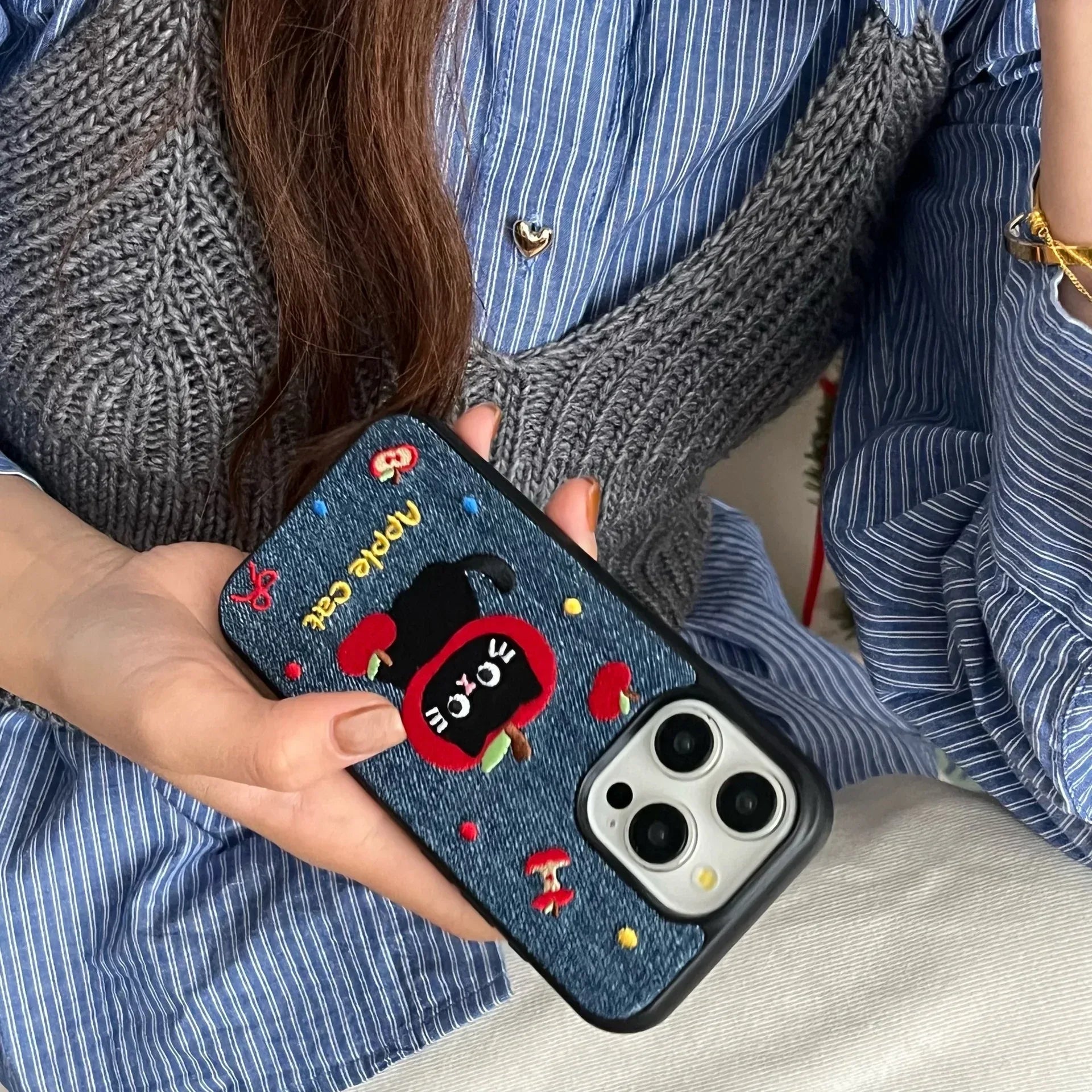 Denim Embroidered Cat Cartoon iPhone Case - Viexta