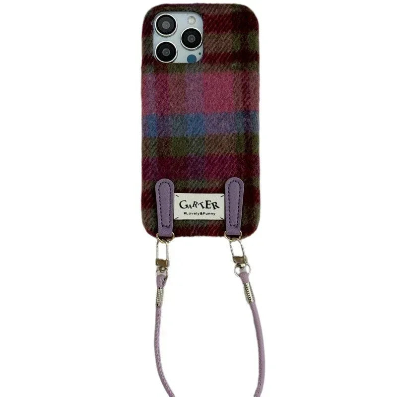 Flannel Contrast Color Check Carrying Strap iPhone Case - Viexta