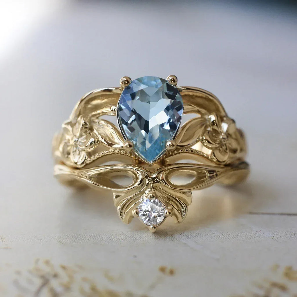 Gold Crown Sea Blue Diamond Ladies Couple Rings - Viexta