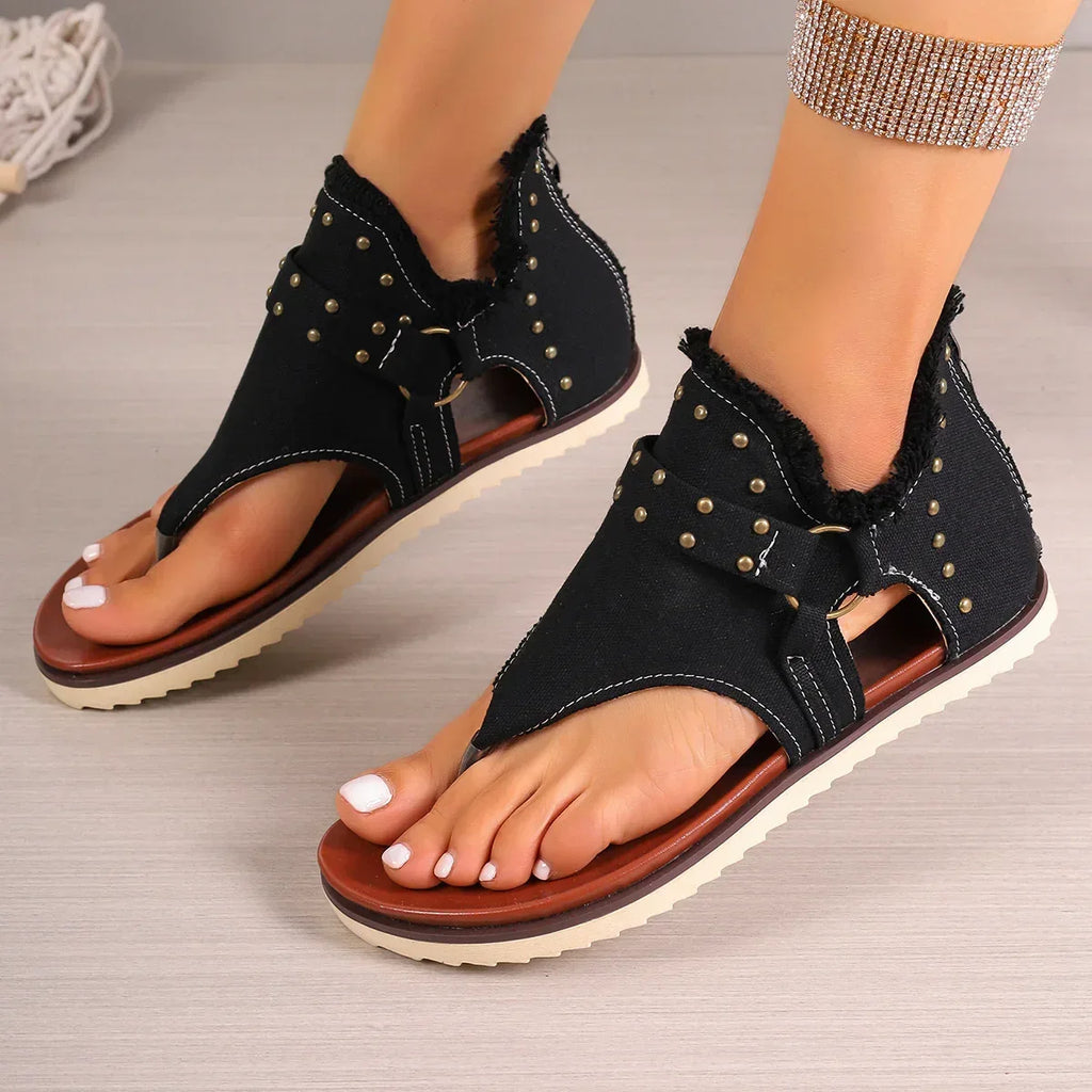 Denim Thong Sandals With Rear Zipper - Viexta