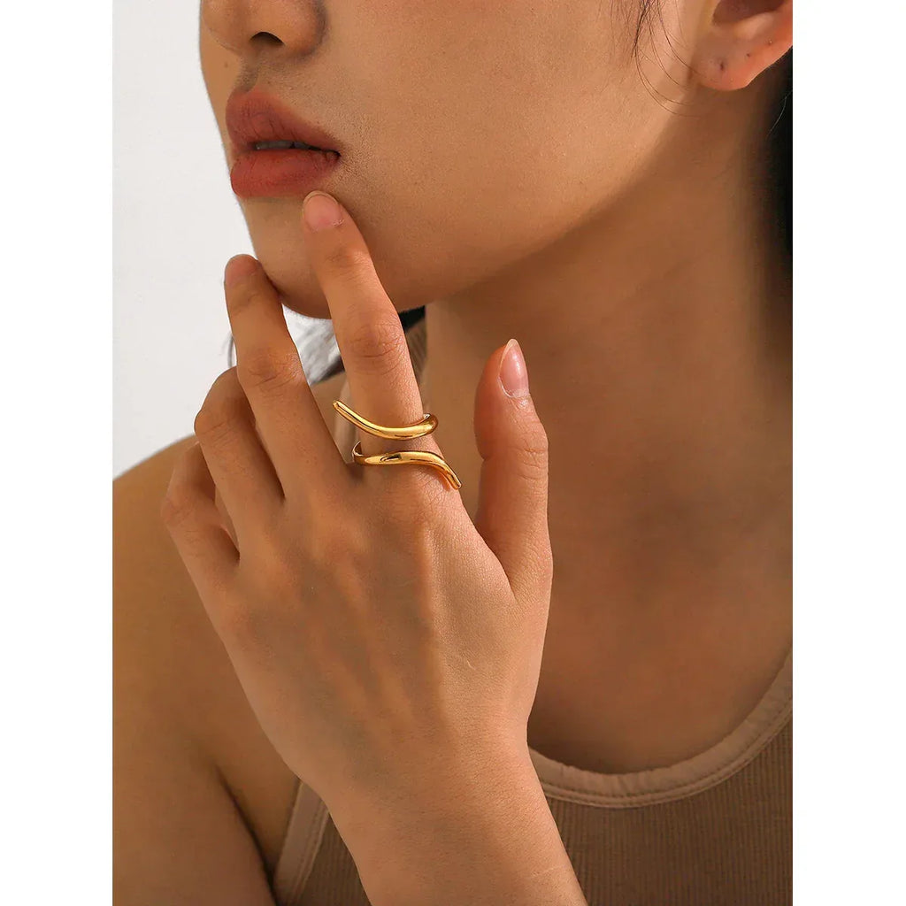 18k-gold-stainless-steel-line-staggered-open-ring - Viexta