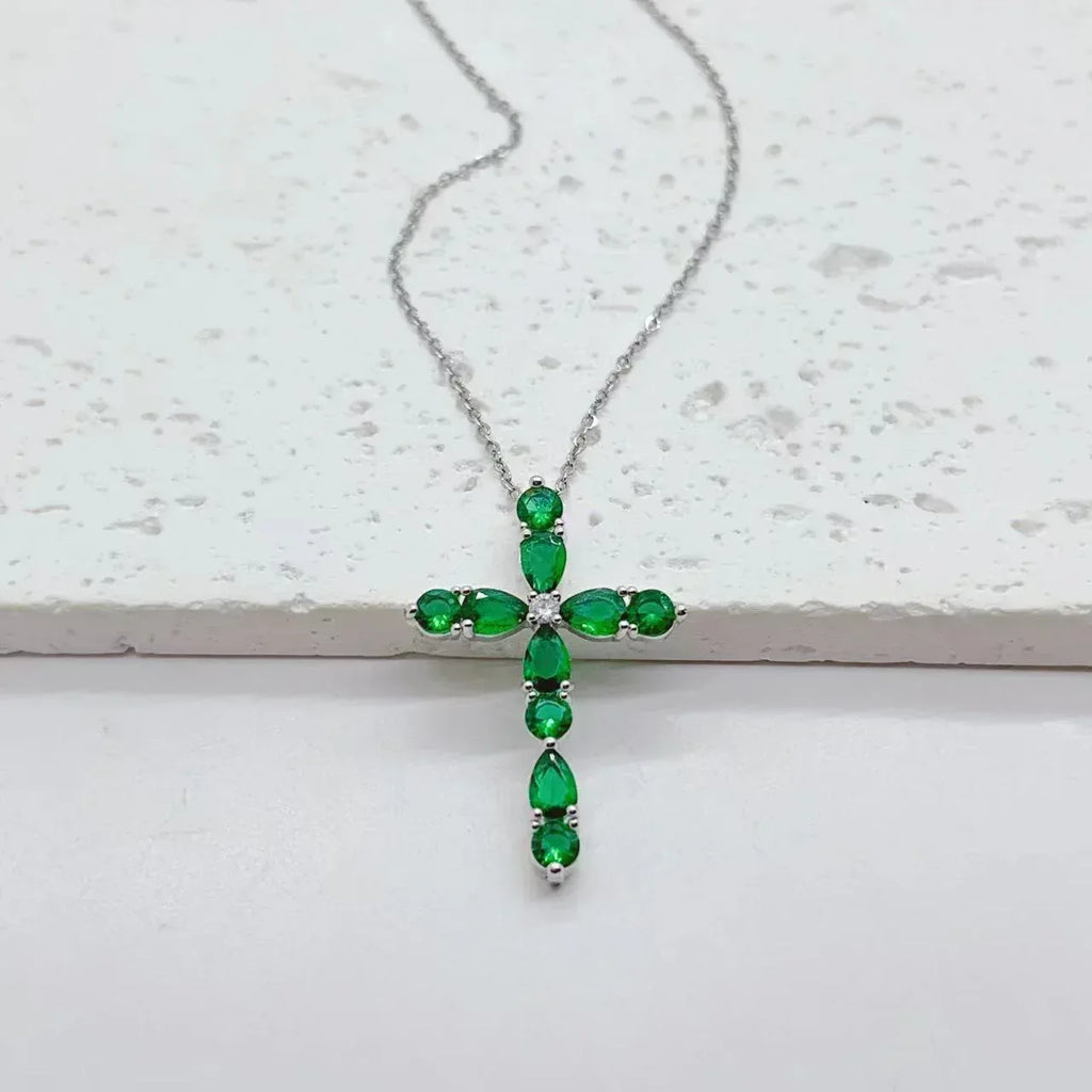 micro-inlay-colorful-zircon-water-drops-cross-necklace - Viexta