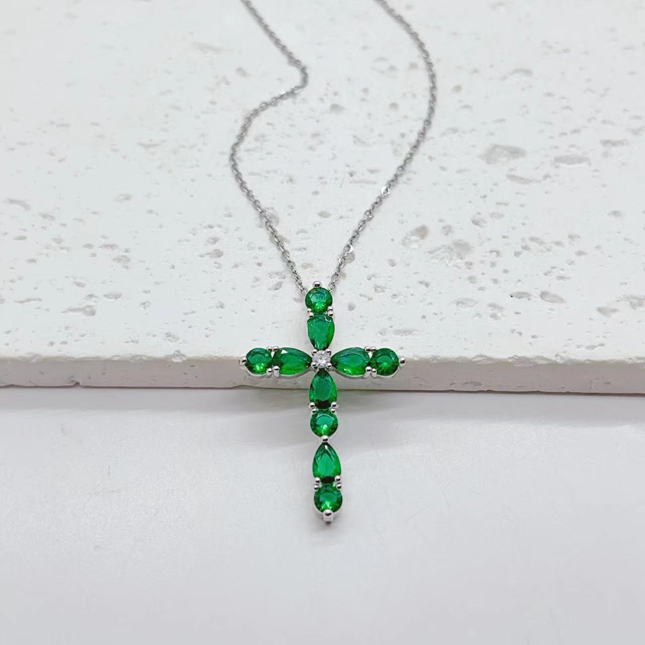 Micro Inlay Colorful Zircon Water Drops Cross Necklace