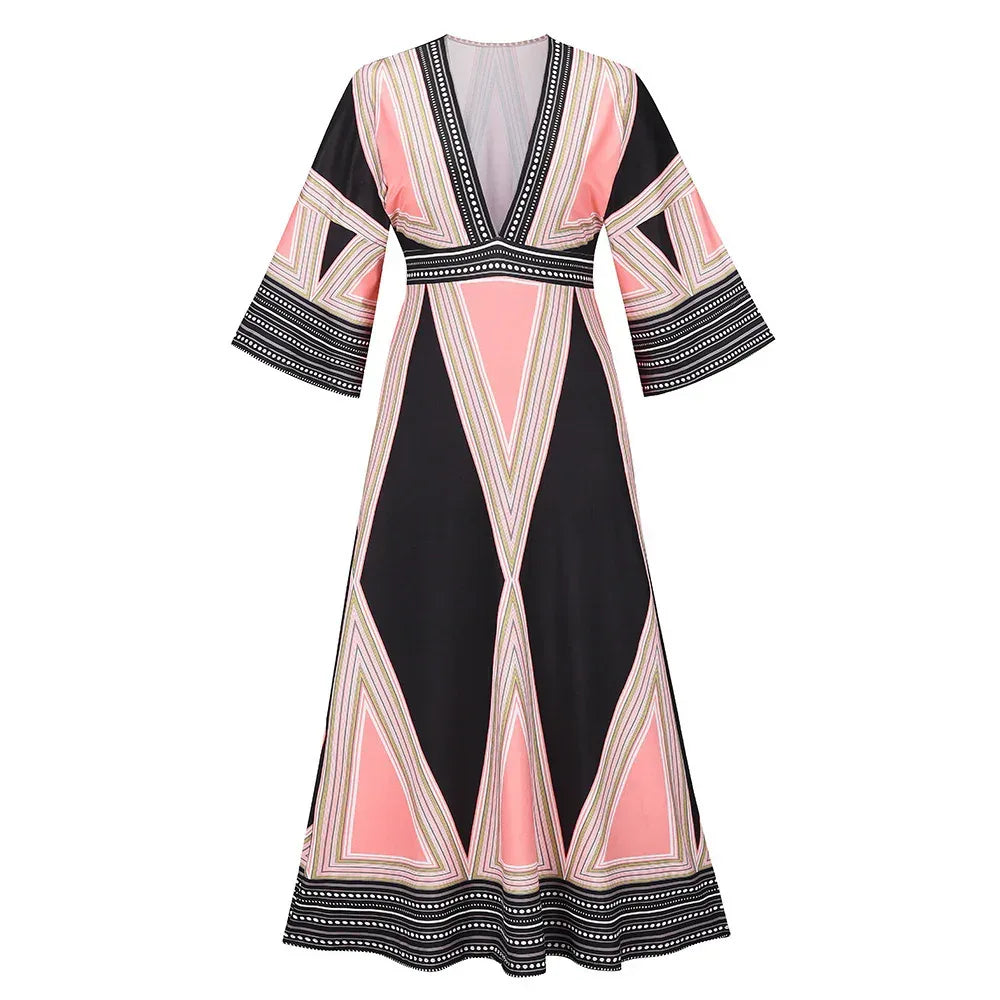 Deep V Neck Indian Print Dress - Viexta