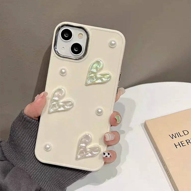 Milky White Pearl Pleated Heart Shell iPhone Case - Viexta