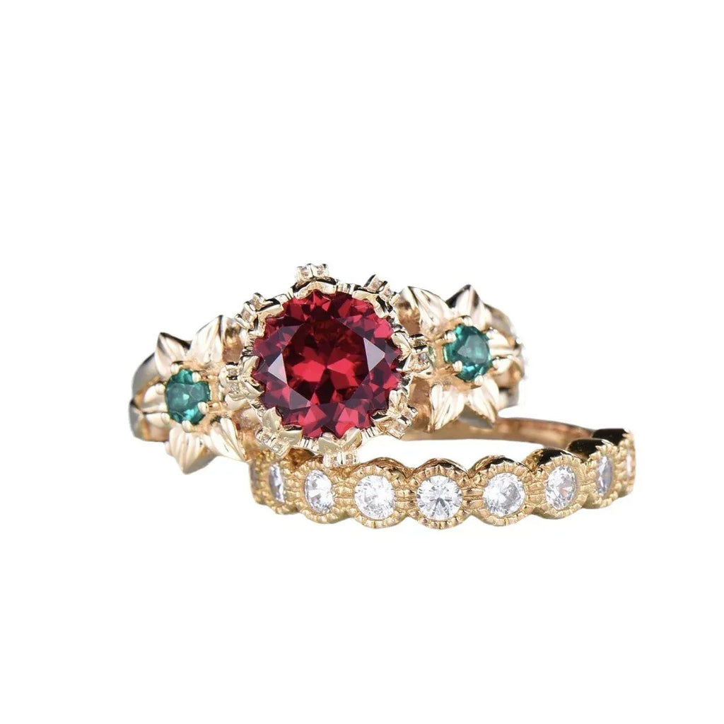 Gold-plated Inlaid Red Flower Ring - Viexta