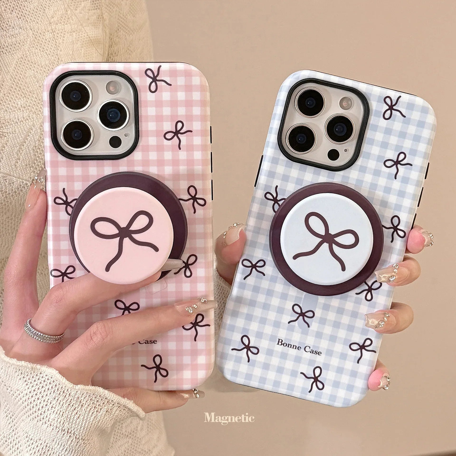 Plaid Bowknot Magnetic Stand iPhone Case