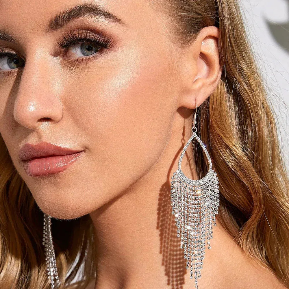 Bohemian Tassel Shiny Long Rhinestone-encrusted Earrings - Viexta