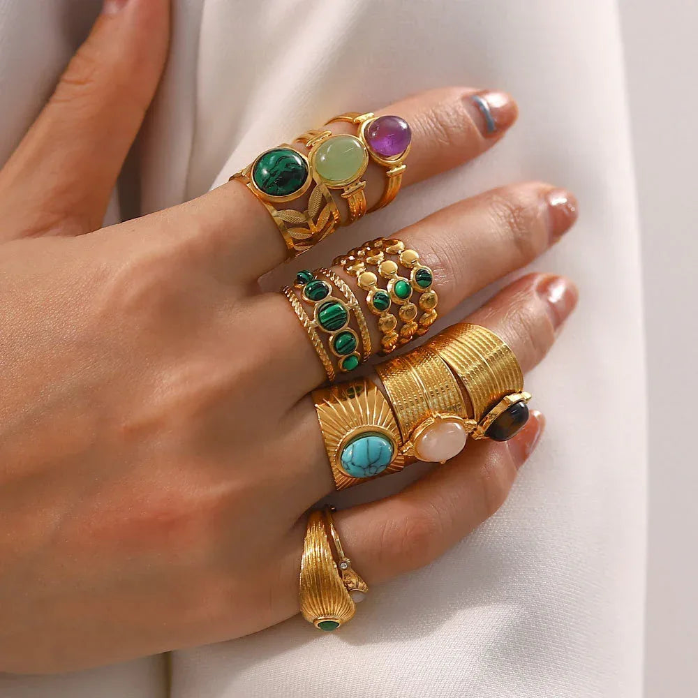natural-gemstone-titanium-steel-open-end-ring - Viexta