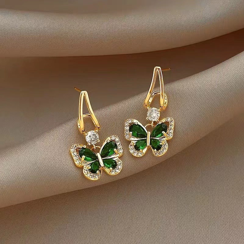 French Retro Green Zirconium Butterfly Earrings