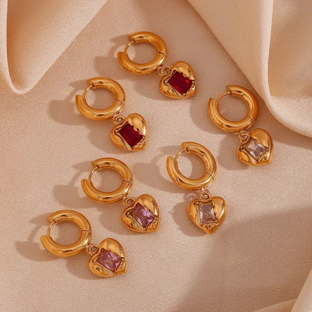 Stainless Steel Peach Heart Zircon Earrings - Viexta