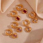 Stainless Steel Peach Heart Zircon Earrings - Viexta