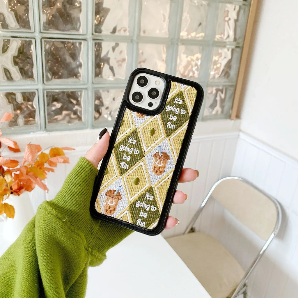 Heavy Embroidery Milk Tea iPhone Cover - Viexta